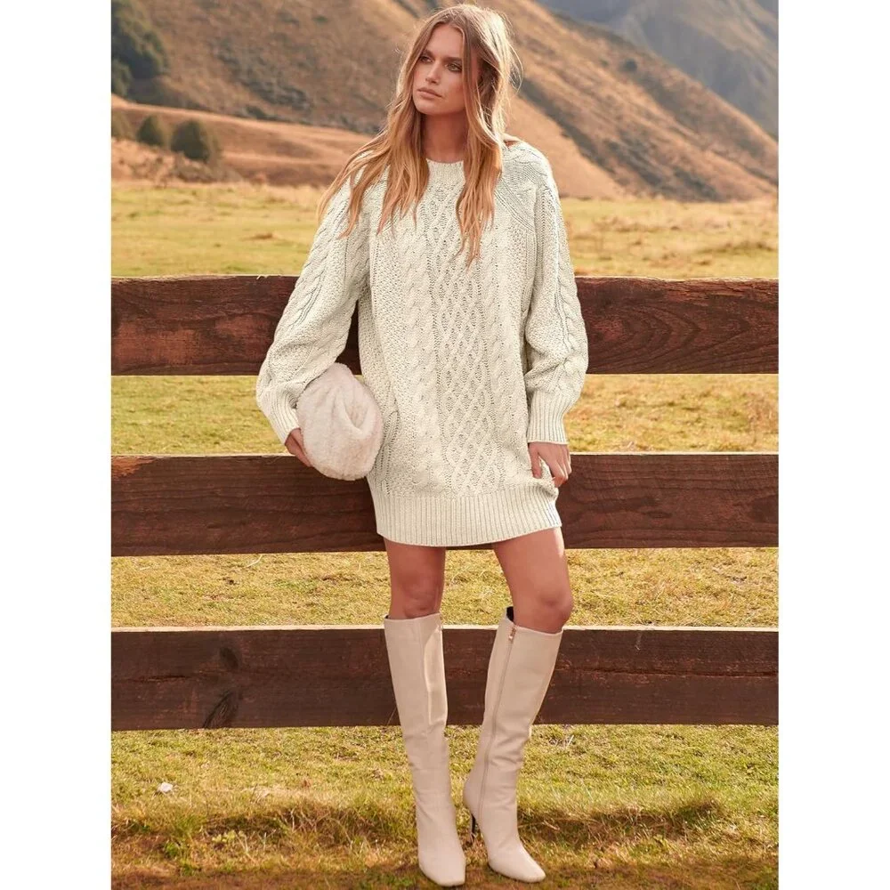 Womens Oversized Cable Knit Sweater Dress Chunky Long Sleeve Fall Winter Outfit - Picture 4 of 7
